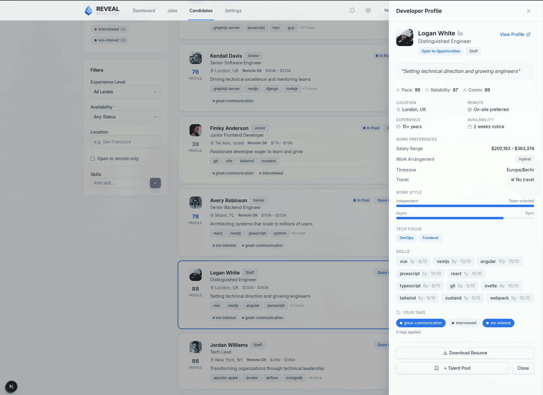 REVEAL Candidate Search - Filter and discover verified developers